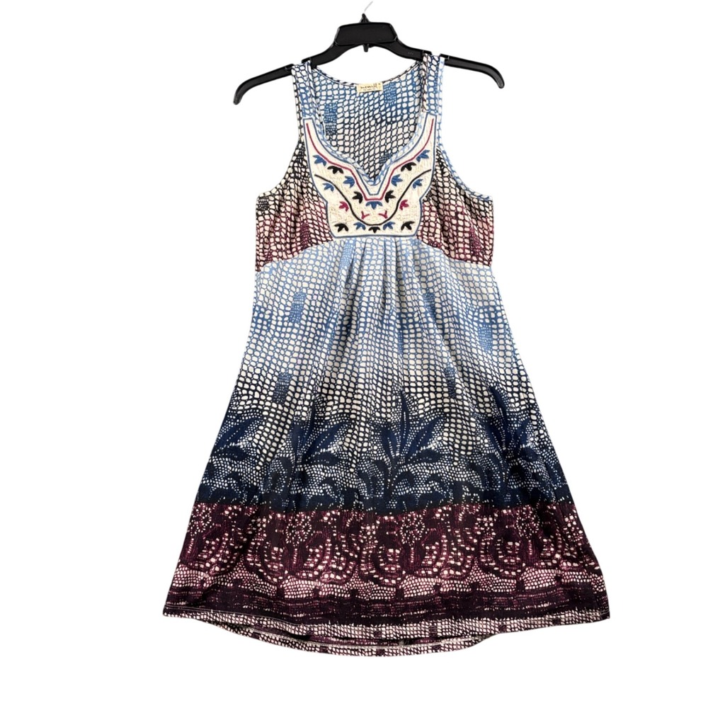 Oneโ World Tank Dress Womens Medium Blue Mixed Print Embroidered Boho A-Line